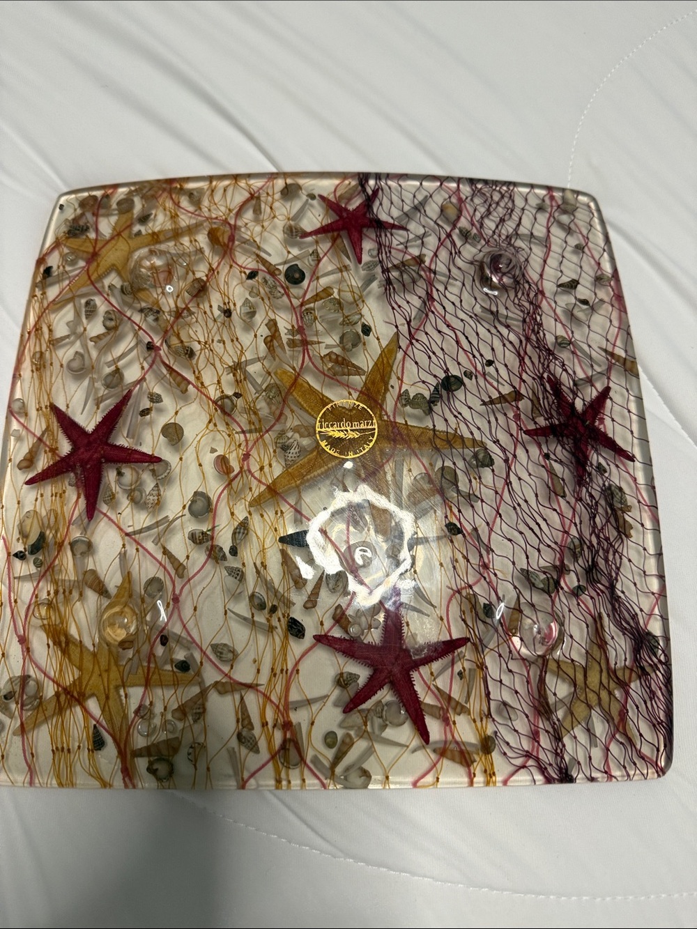 Coastal Glass Accent Plate with Red Starfish & Gold Accents